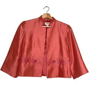 Talbots 100% Silk Beaded Coral Shimmering Short Jacket Open Front Blazer Size 4